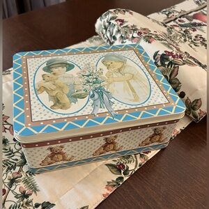 Vintage 1985  Decorative Tin Box in Blue and Cream